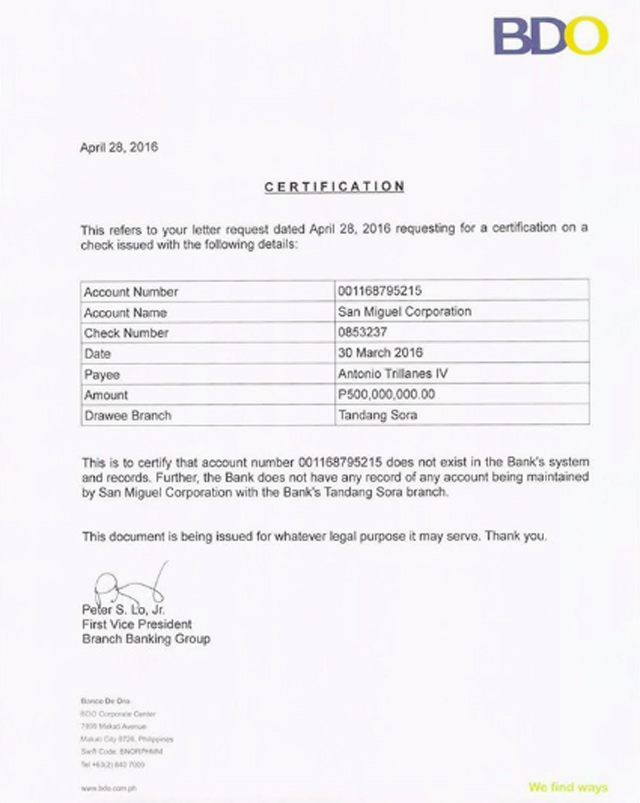 FALSE: San Miguel issued P500-M check to Senator Trillanes via BDO