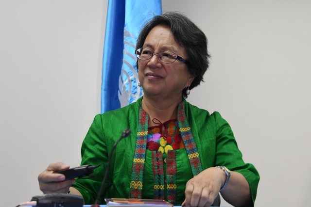 INDIGENOUS PEOPLES. UN Special Rapporteur on the rights of indigenous peoples Victoria Tauli-Corpuz listens to questions at a press conference in Tegucigalpa, Honduras, on April 20, 2017. File photo by Orlando Sierra/AFP