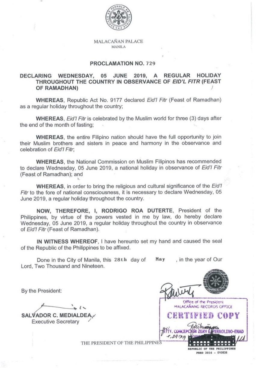 Duterte declares June 5 Eid'l Fitr holiday